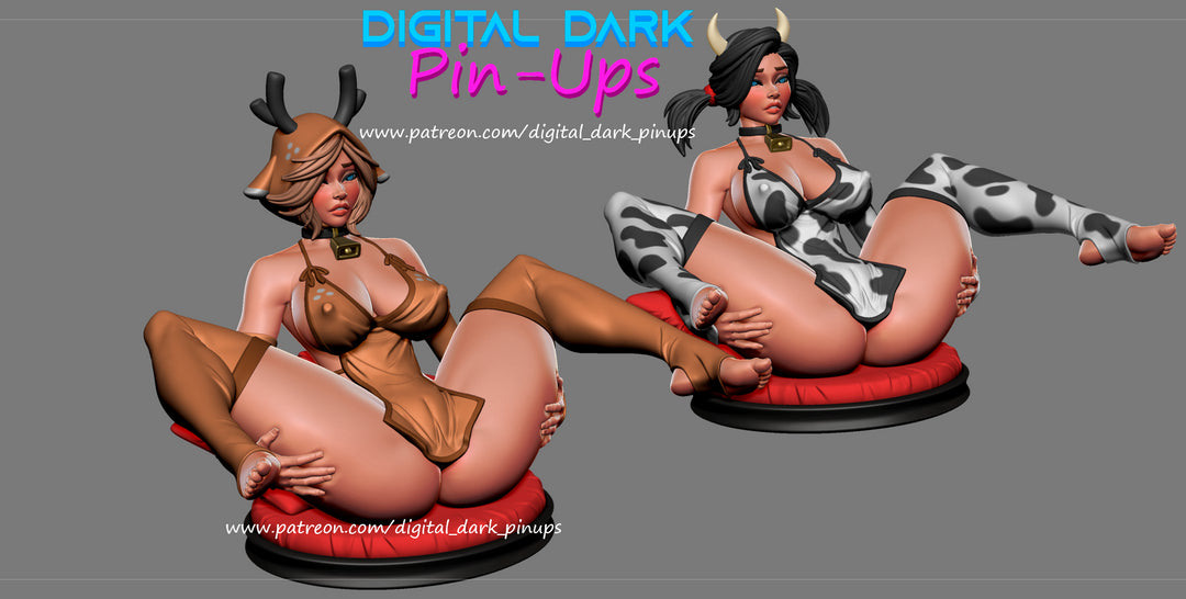 Deer Girl and Cow Girl - Digital Dark Pin-ups