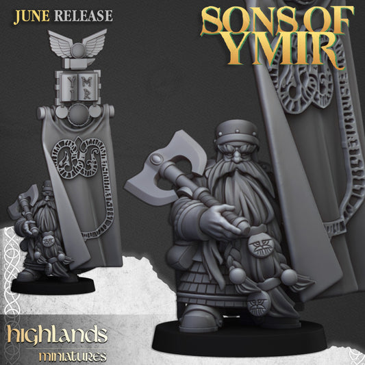 Dwarfs, Sons of Ymir - Dwarf Lord with Battle Banner - Highlands Miniatures