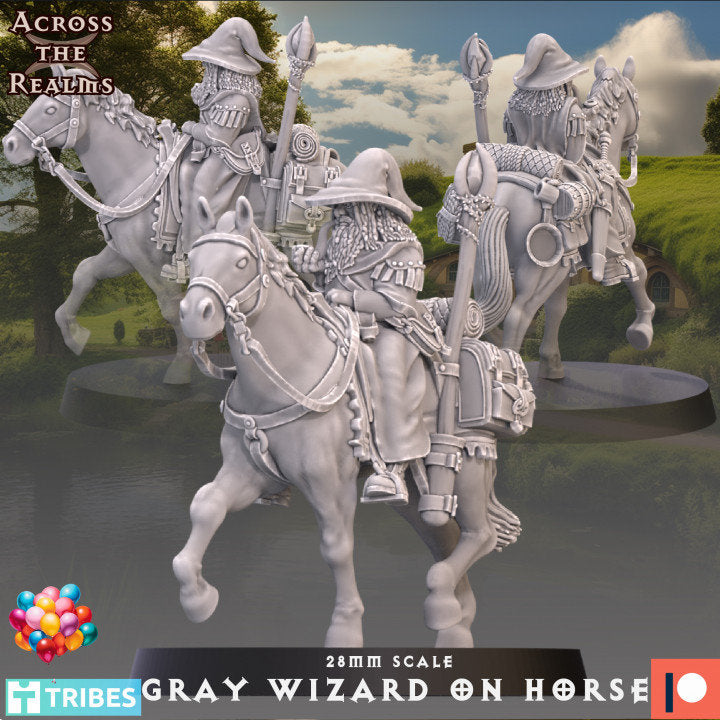 Gray Wizard on horse - Across the Realms 28mm