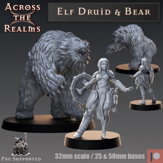 Elf Druid & Bear - Across the Realms 32mm