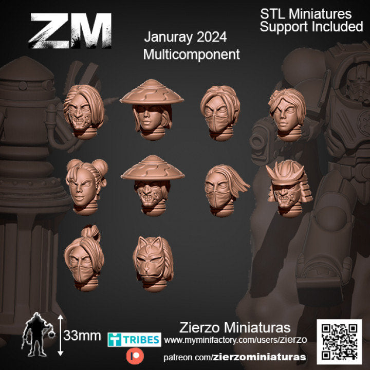 Helmets - Samurai Space Girls - 33mm- Zierzo Miniaturas